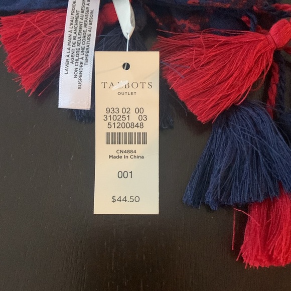 Talbots blue and red 4 tassel scarf. 55 inches by 55 inches - Picture 3 of 7